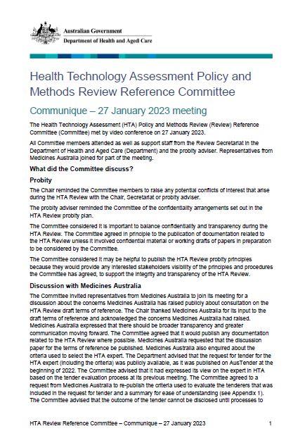 Cover page Health Technology Assessment Policy and Methods Review Reference Committee Communique – 27 January 2023 meeting