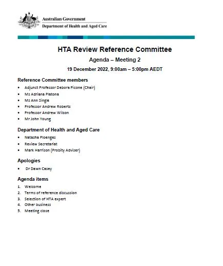 Cover page Health Technology Assessment Policy and Methods Review – Reference committee meeting agenda – 19 December 2022
