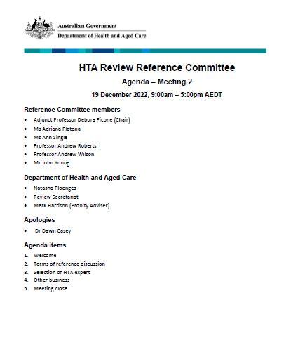 Cover page Health Technology Assessment Policy and Methods Review – Reference committee meeting agenda – 19 December 2022