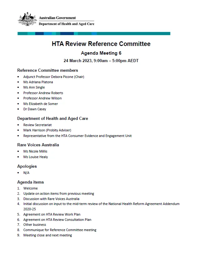 Health Technology Assessment Policy and Methods Review – Reference committee meeting agenda – 24 March 2023