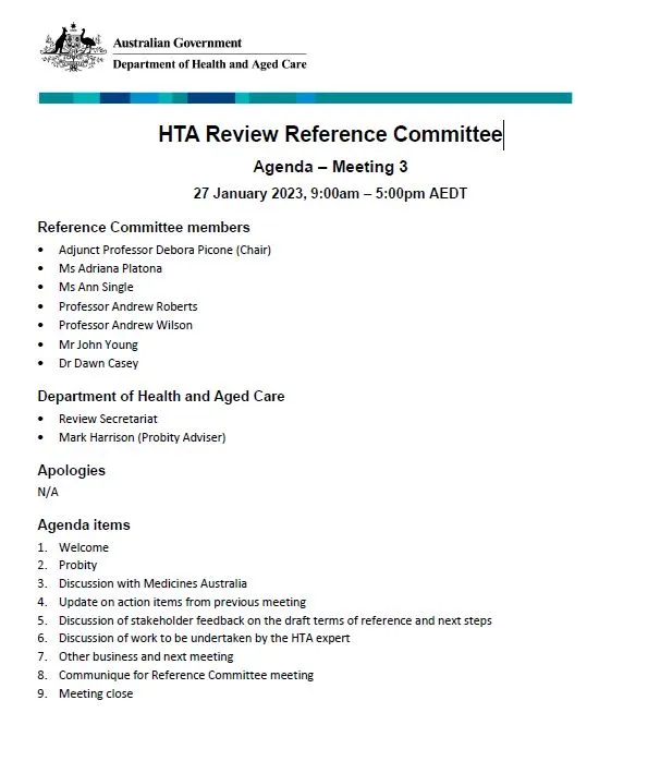Cover page HTA Review Reference Committee Agenda – Meeting 3 – 27 January 2023