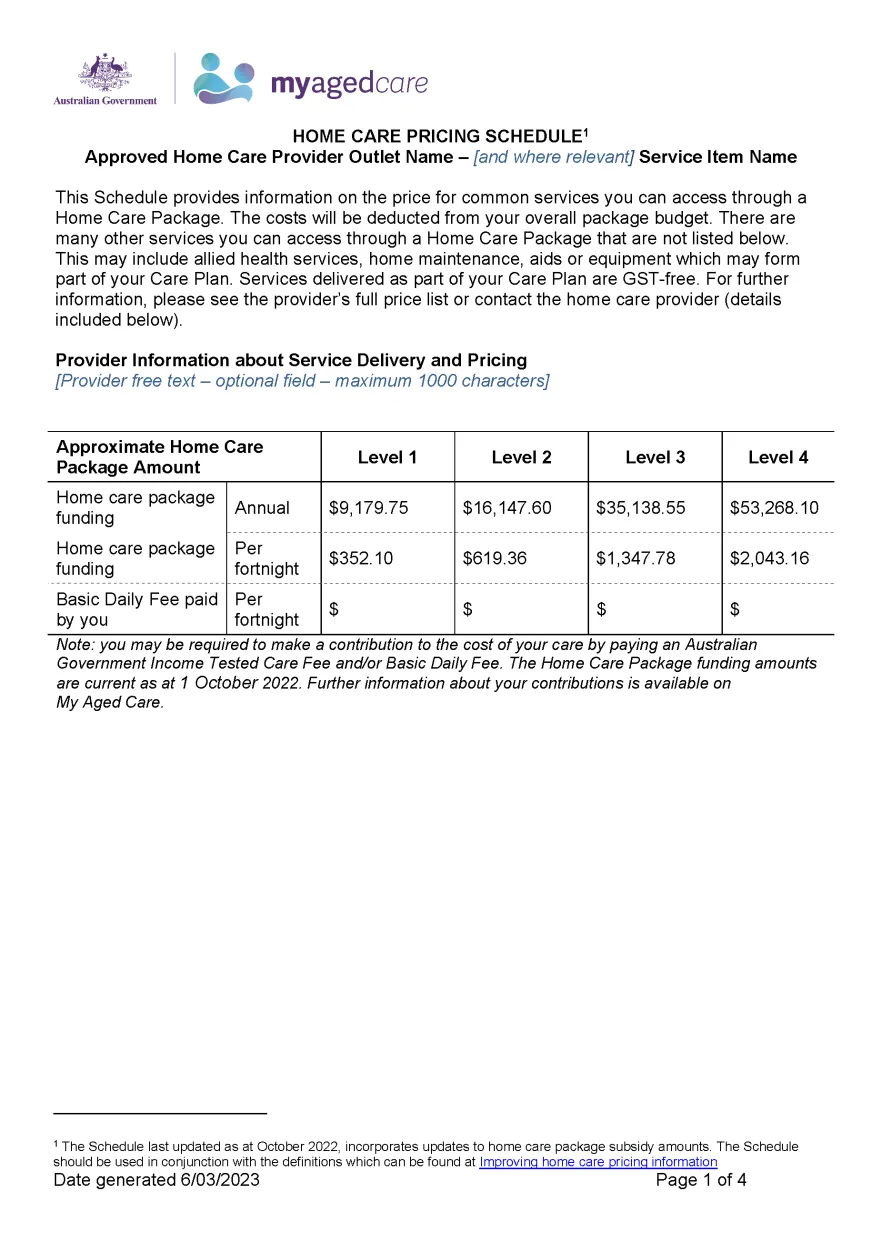 Home Care Pricing Schedule Example
