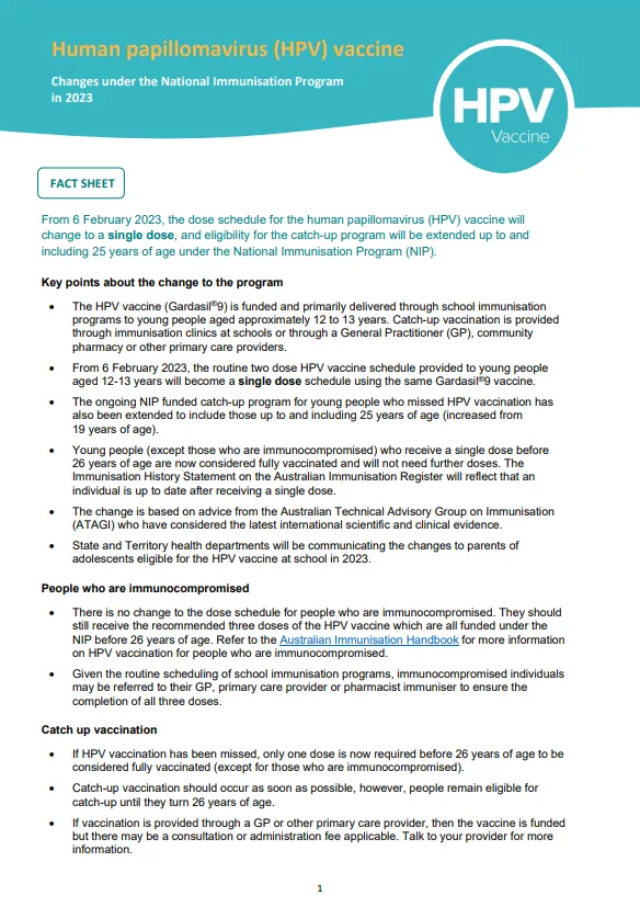 HPV vaccine – Fact sheet outlining changes under the National Immunisation Program in 2023