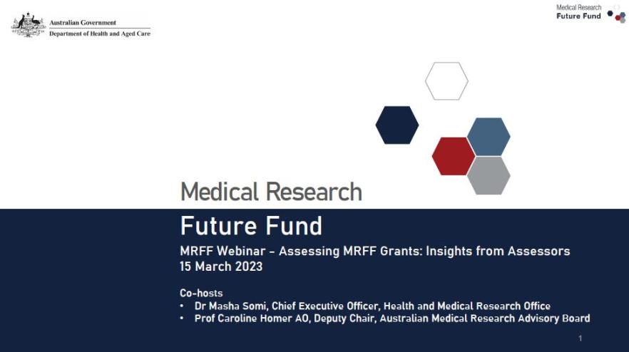 Cover page MRFF Webinar – Assessing MRFF grants Insights from assessors (15 March 2023) – presentation