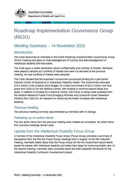 Cover page Roadmap Implementation Governance Group (RIGG) – Meeting Summary 14 November 2022