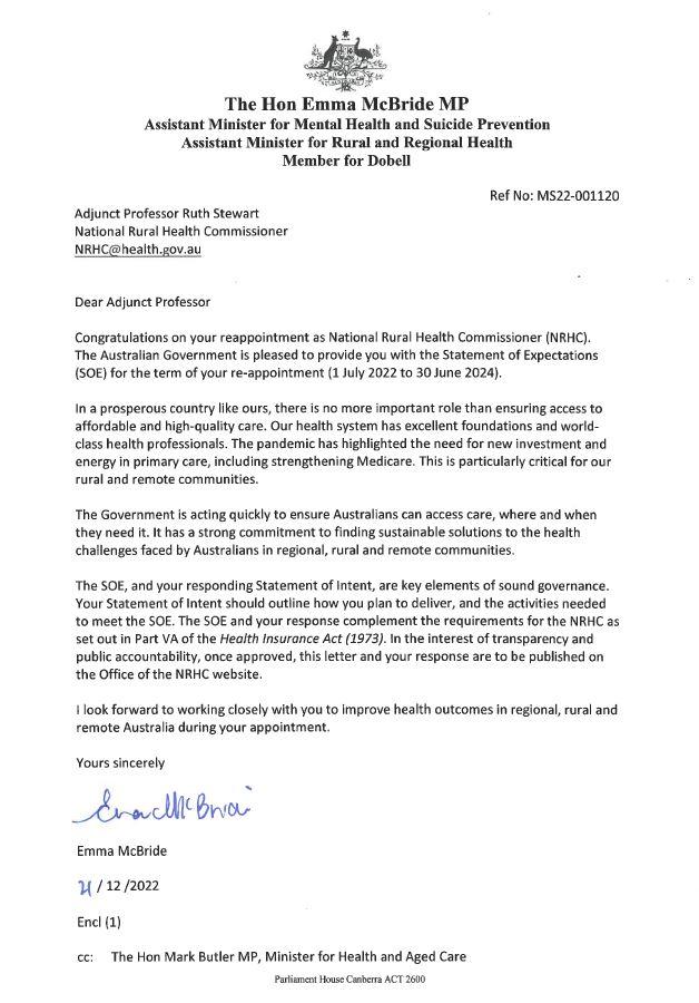 Cover page Statement of Expectations for the National Rural Health Commissioner