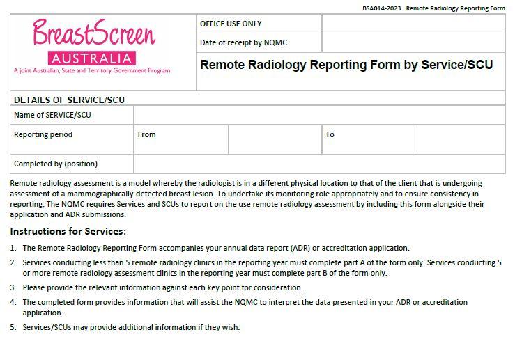 Cover page BreastScreen Australia – Remote radiology reporting form