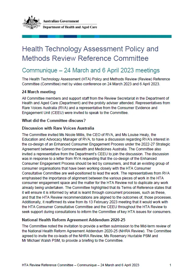 Health Technology Assessment Policy and Methods Review Reference Committee Communique – 24 March 2023 and 6 April 2023 meeting
