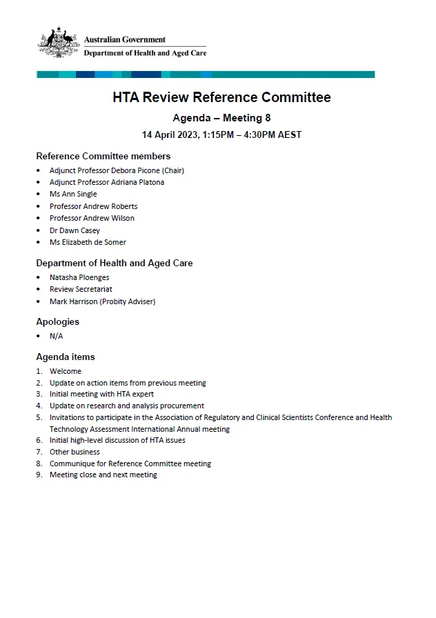 Health Technology Assessment Policy and Methods Review – Reference committee meeting agenda – 14 April 2023