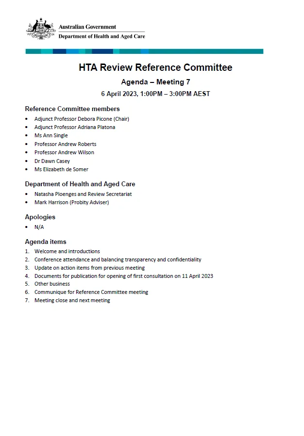 Health Technology Assessment Policy and Methods Review – Reference committee meeting agenda – 6 April 2023