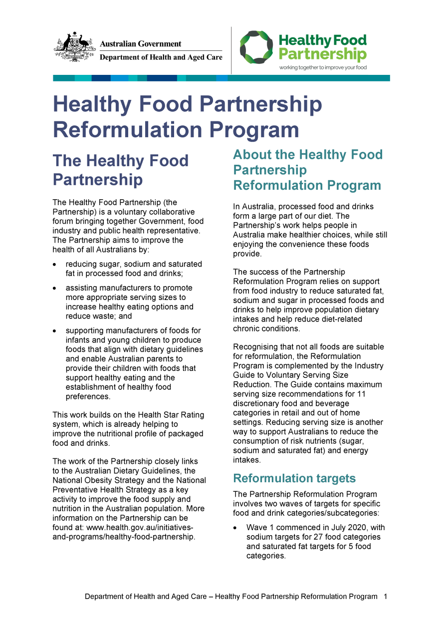 Healthy Food Partnership Reformulation Program information pack