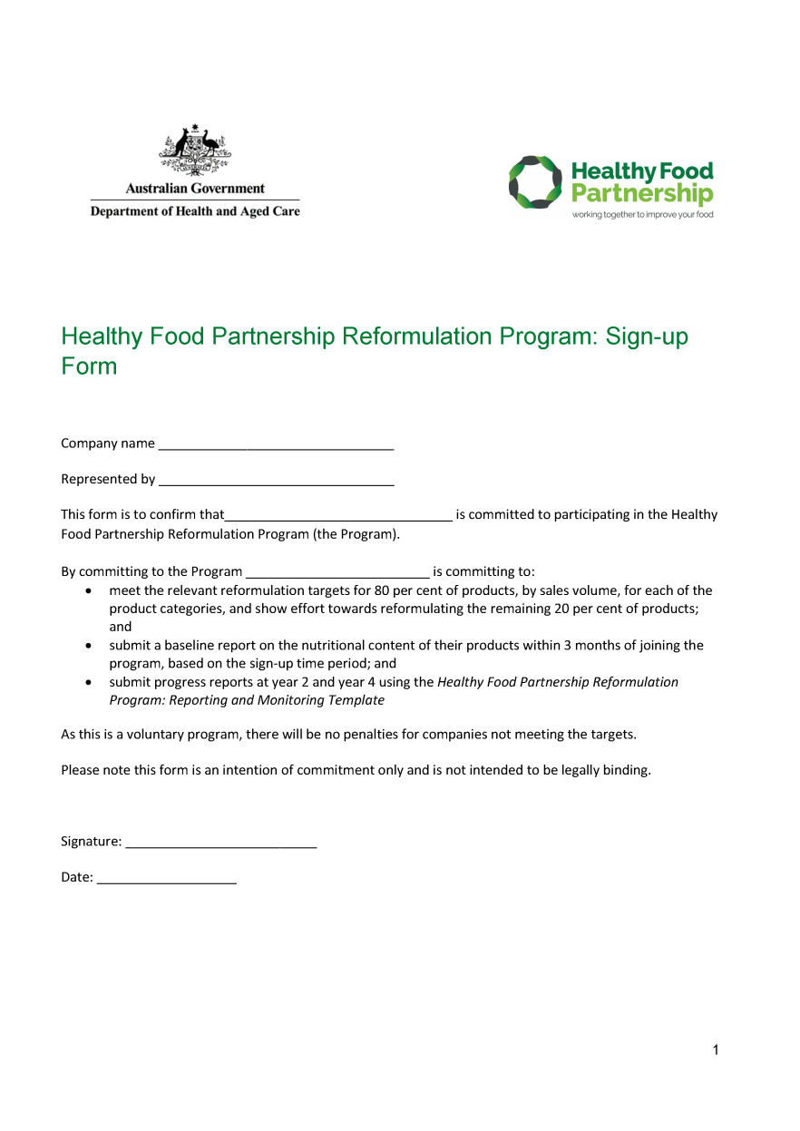 Healthy Food Partnership Reformulation Program Sign-Up Form