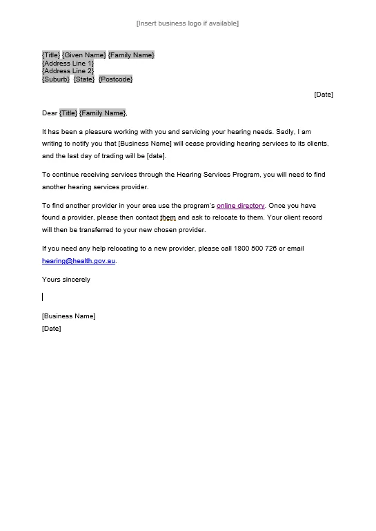 Hearing Services Program template letter to clients when closing a business