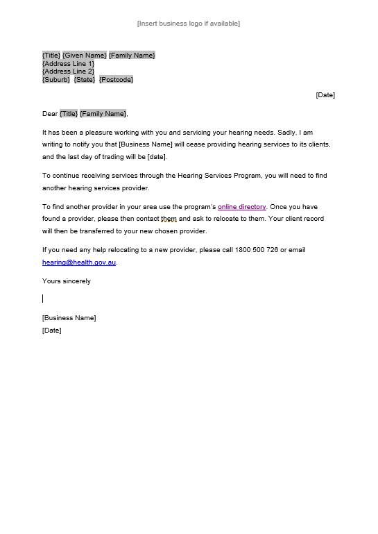 Hearing Services Program template letter to clients when closing a business