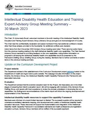 Cover page Intellectual Disability Health Education and Training Expert Advisory Group – Meeting summary – 30 March 2023