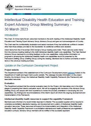 Cover page Intellectual Disability Health Education and Training Expert Advisory Group – Meeting summary – 30 March 2023