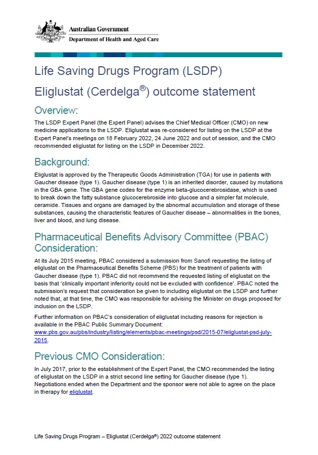 Life Saving Drugs Program – Eliglustat (Cerdelga®) outcome statement