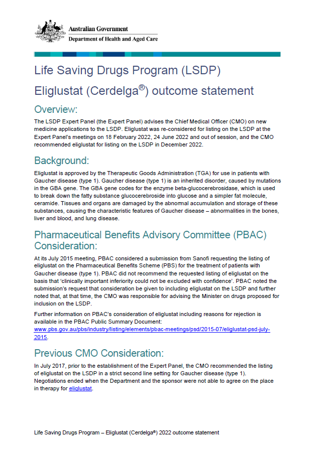 Life Saving Drugs Program – Eliglustat (Cerdelga®) outcome statement