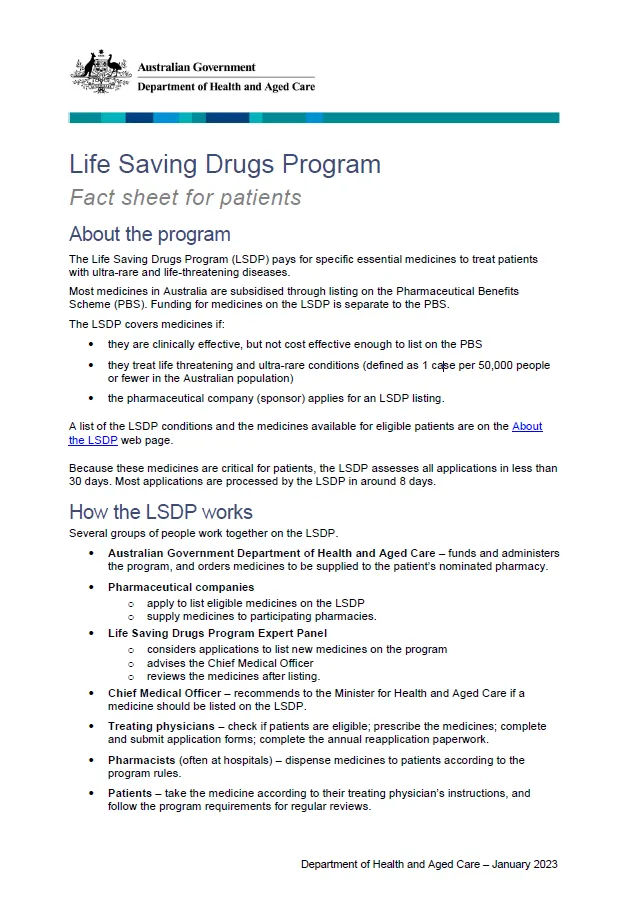 Life Saving Drugs Program – Fact sheet for patients