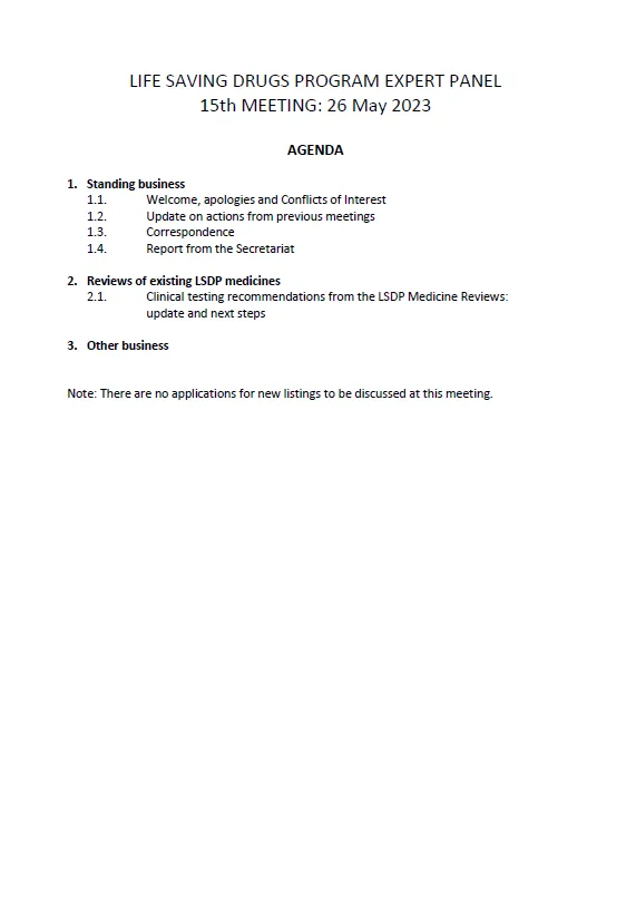 Life Saving Drugs Program (LSDP) Expert Panel meeting agenda – 26 April 2023
