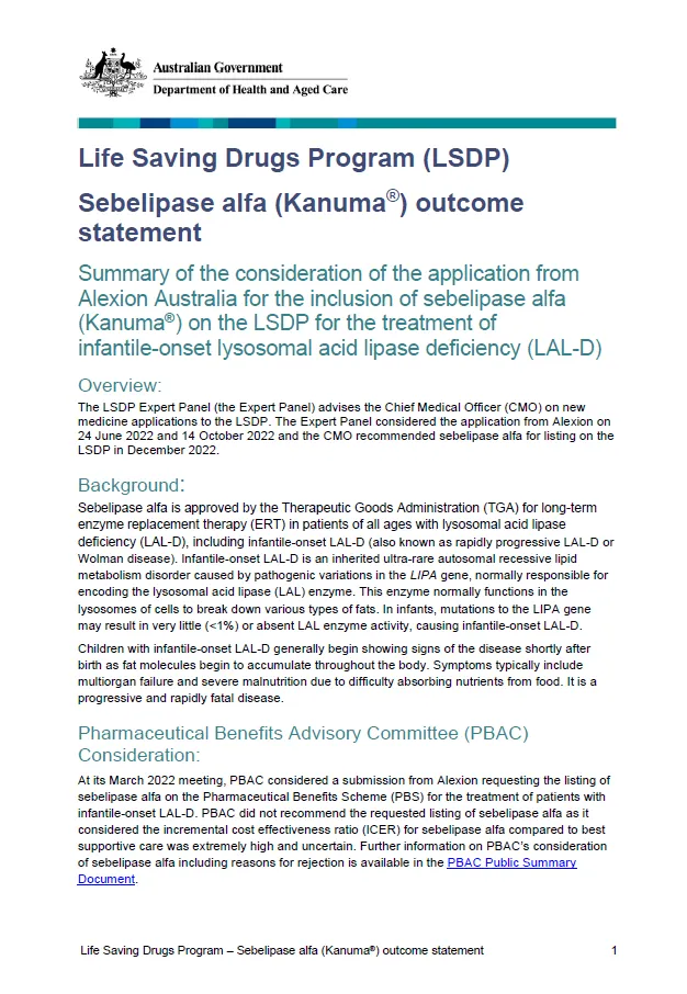 Life Saving Drugs Program – Sebelipase alfa (Kanuma®) outcome statement