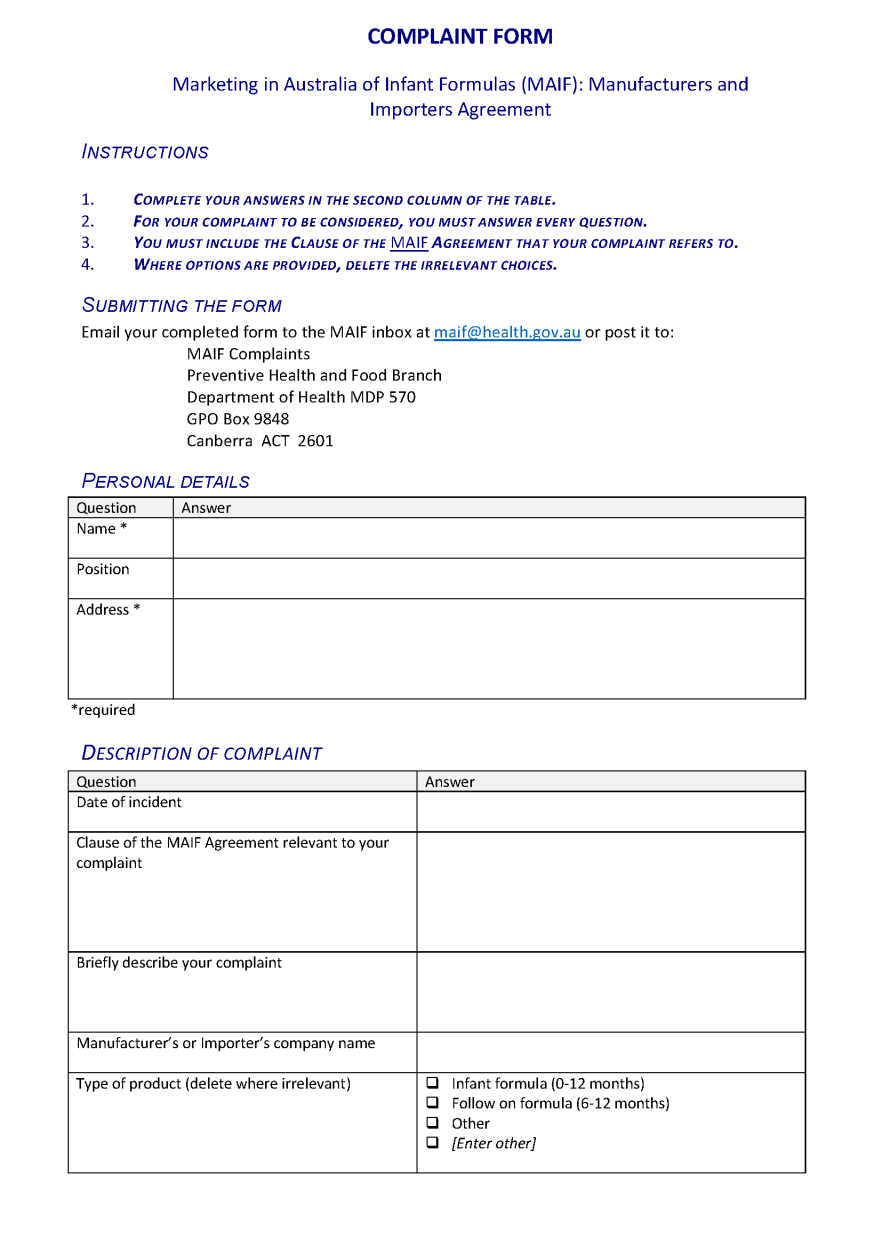 Marketing in Australia of Infant Formula (MAIF) Agreement complaint form