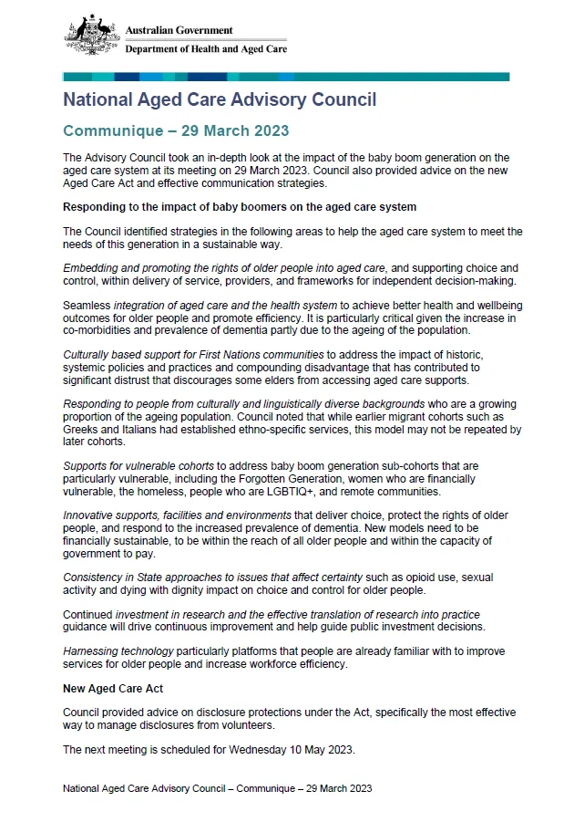 National Aged Care Advisory Council communique – March 2023