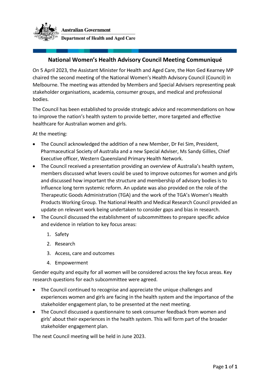National Women’s Health Advisory Council communique – 5 April 2023
