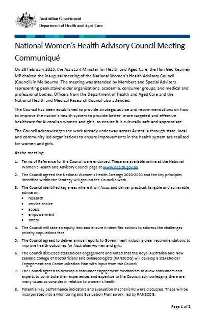 National Women’s Health Advisory Council – Communiques
