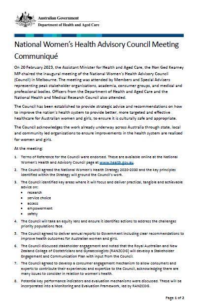 National Women’s Health Advisory Council – Communiques