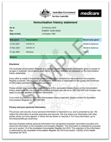 Screen capture example of the Immunisation History Statement