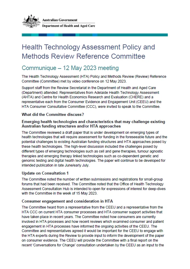 Health Technology Assessment Policy and Methods Review Reference Committee Communique – 12 May 2023 meeting