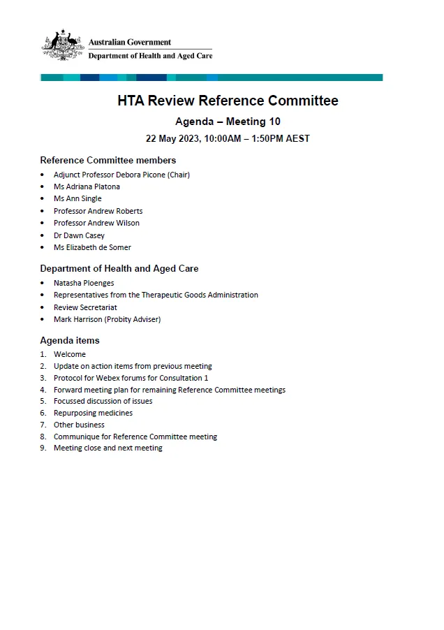 Health Technology Assessment Policy and Methods Review – Reference committee meeting agenda – 22 May 2023
