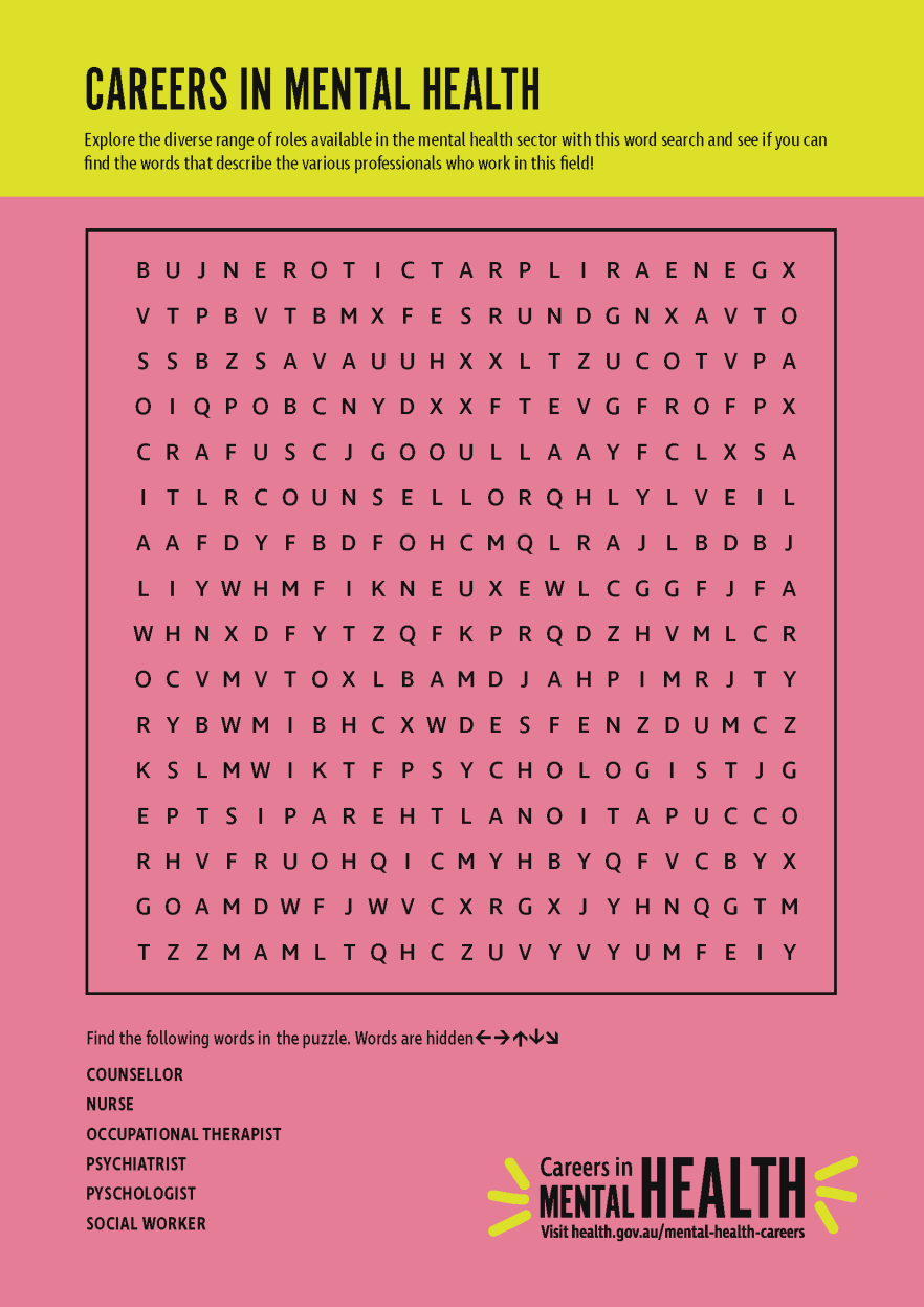 Mental health careers – Wordsearch