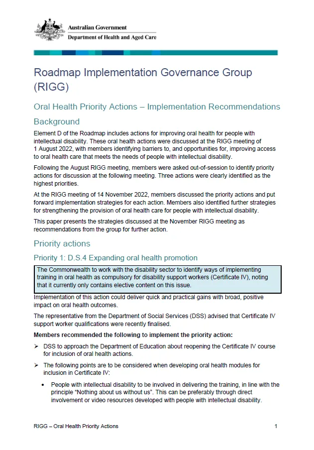 Oral Health Priority Actions – Implementation Recommendations