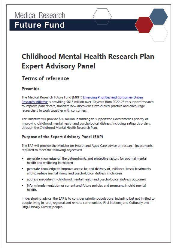 medical research future fund childhood mental health research plan