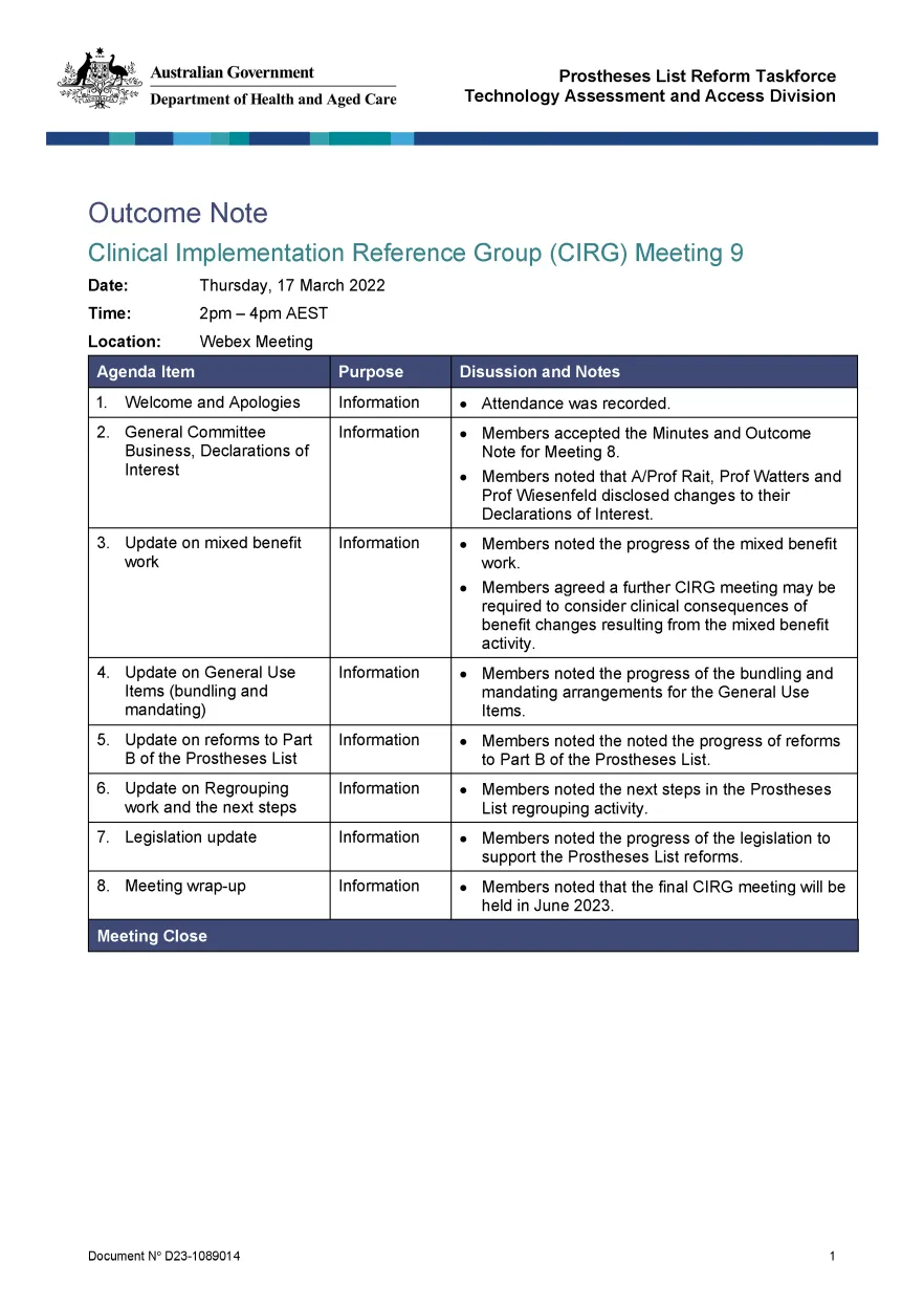 CIRG outcome note – 17 March 2023