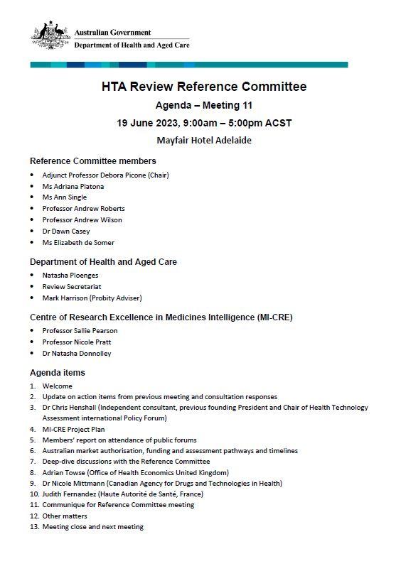 Health Technology Assessment Policy and Methods Review - Reference committee meeting agenda – 19 June 2023 