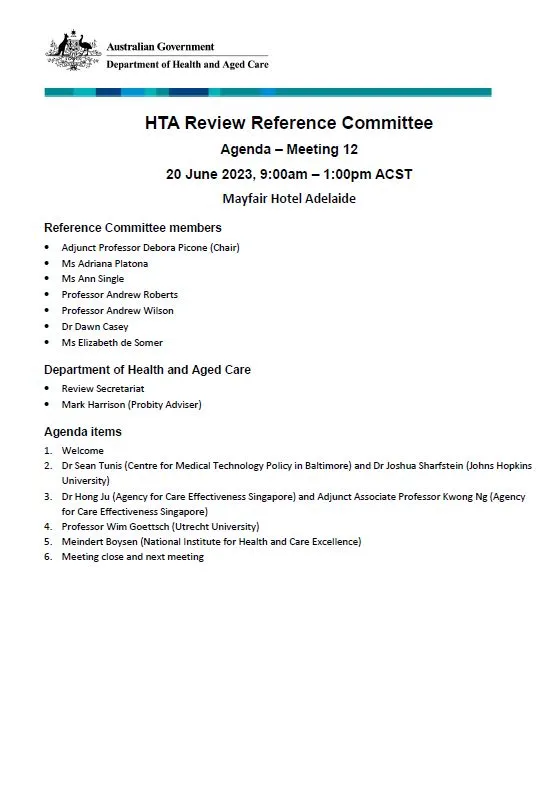 Health Technology Assessment Policy and Methods Review - Reference committee meeting agenda – 20 June 2023