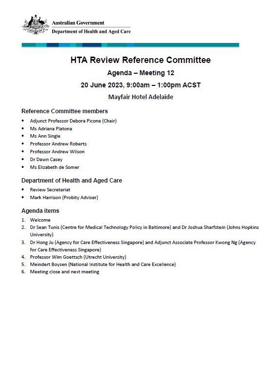 Health Technology Assessment Policy and Methods Review - Reference committee meeting agenda – 20 June 2023