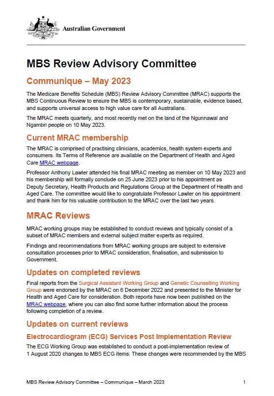 MBS Review Advisory Committee communique – May 2023