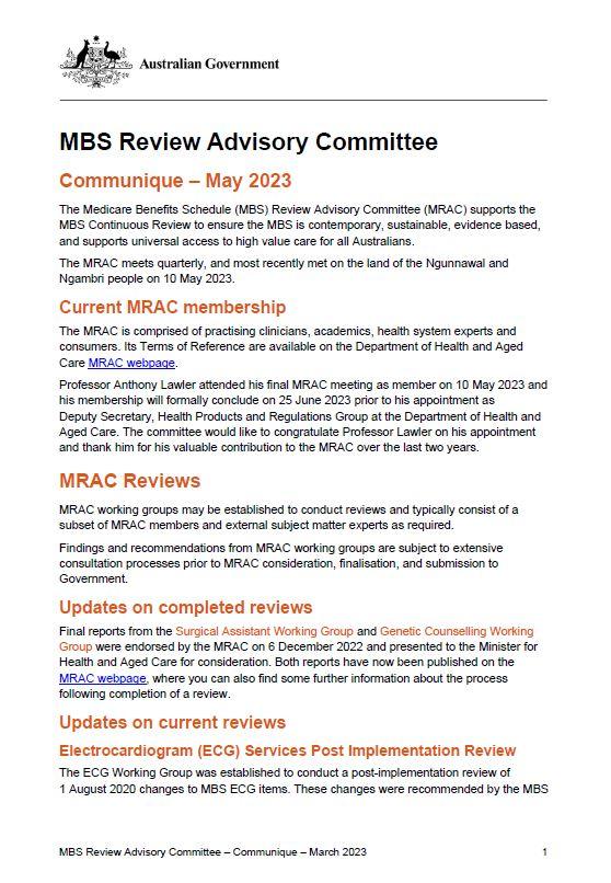 MBS Review Advisory Committee communique – May 2023