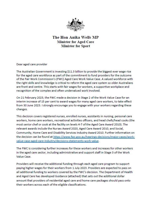 Minister Wells letter to providers with aged care worker wages – Guidance