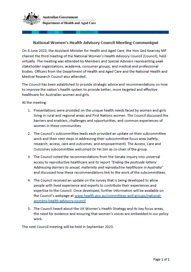 National Women’s Health Advisory Council communique – 8 June 2023
