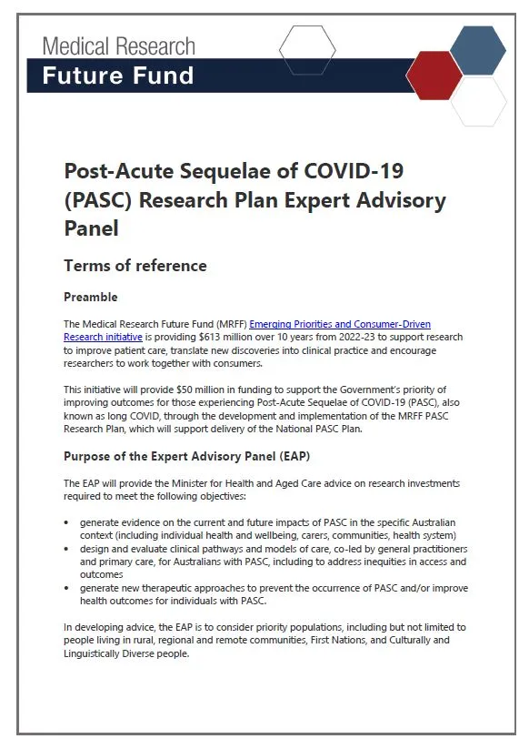Post-Acute Sequelae of COVID-19 (PASC) Research Plan Expert Advisory Panel terms of reference