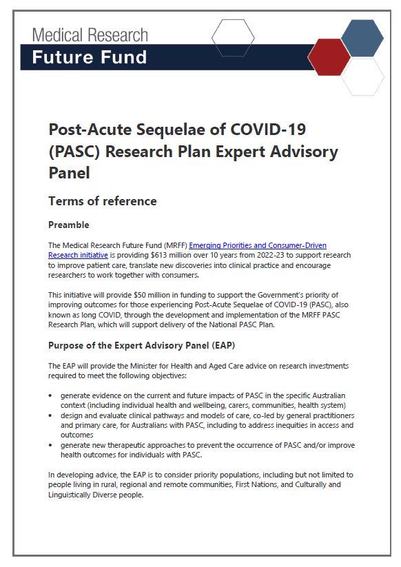 Post-Acute Sequelae of COVID-19 (PASC) Research Plan Expert Advisory Panel terms of reference