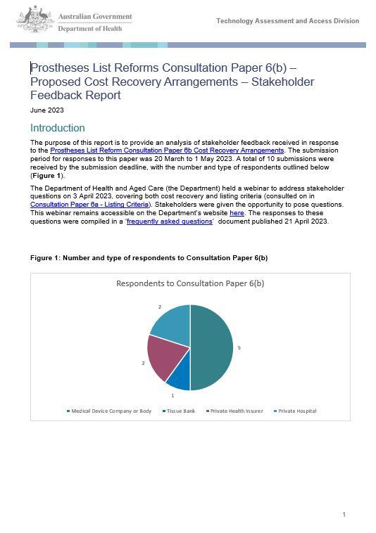 Stakeholder Feedback Report  - Prostheses List Reforms Consultation Paper 6(b) Proposed Cost Recovery Arrangements