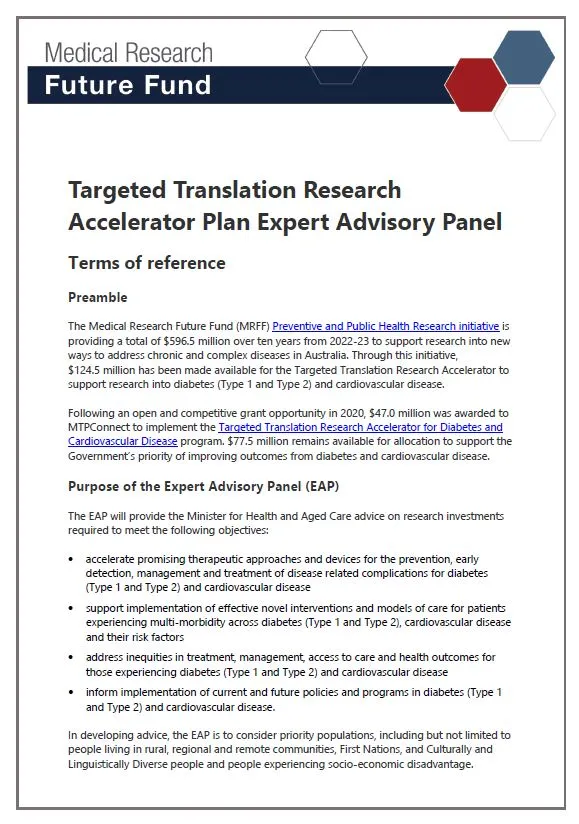 Targeted Translation Research Accelerator Plan Expert Advisory Panel terms of reference