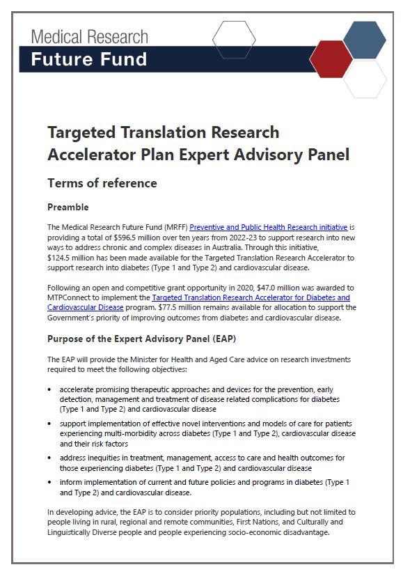 Targeted Translation Research Accelerator Plan Expert Advisory Panel terms of reference