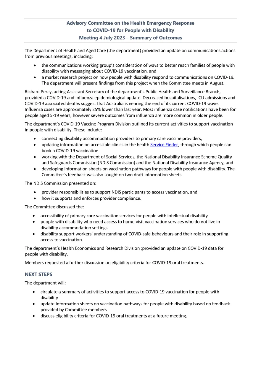 Advisory Committee for the COVID-19 Response for People with Disability – Summary of outcomes 4 July 2023